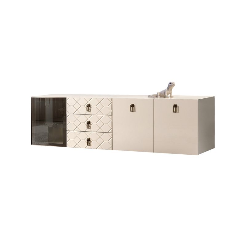 Комод 2,1 БМКМ-5(Fly)[4] Bogemia-Fly (декор и ручка Farfale) Слоновая кость чёрный Lakobel (стекло)